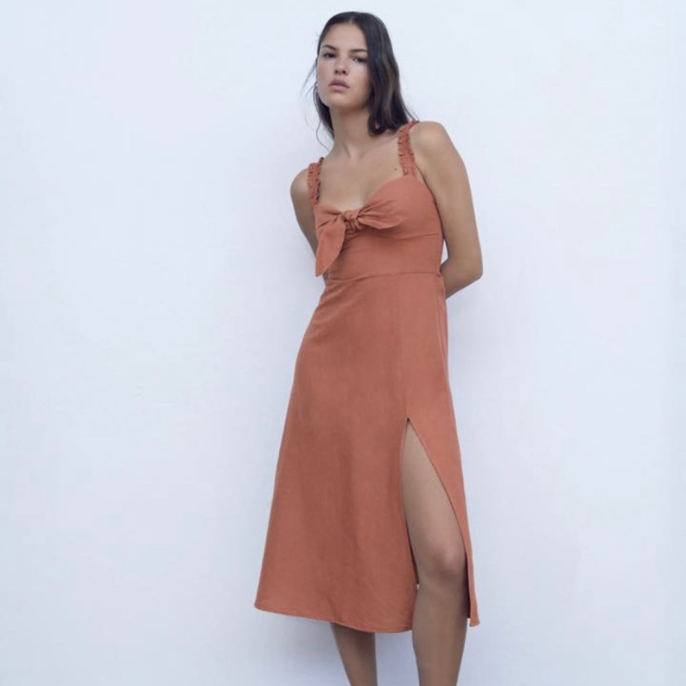 Zara linen rust / peach linen midi dress with bow and front slit - Small
